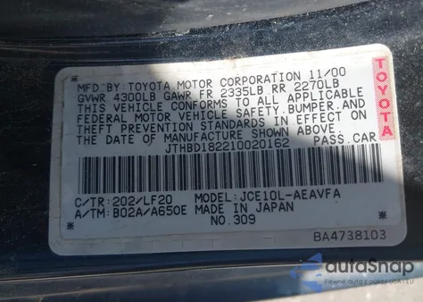 2001 Lexus Is 300 z USA, uszkodzony, nr VIN JTHBD182210020162